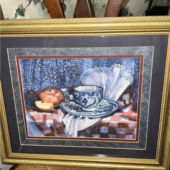 Vintage Joy Evans Blue Porcelian Tea Cup Signed, Framed & Matted Print 🍎 - Picture 5 of 9